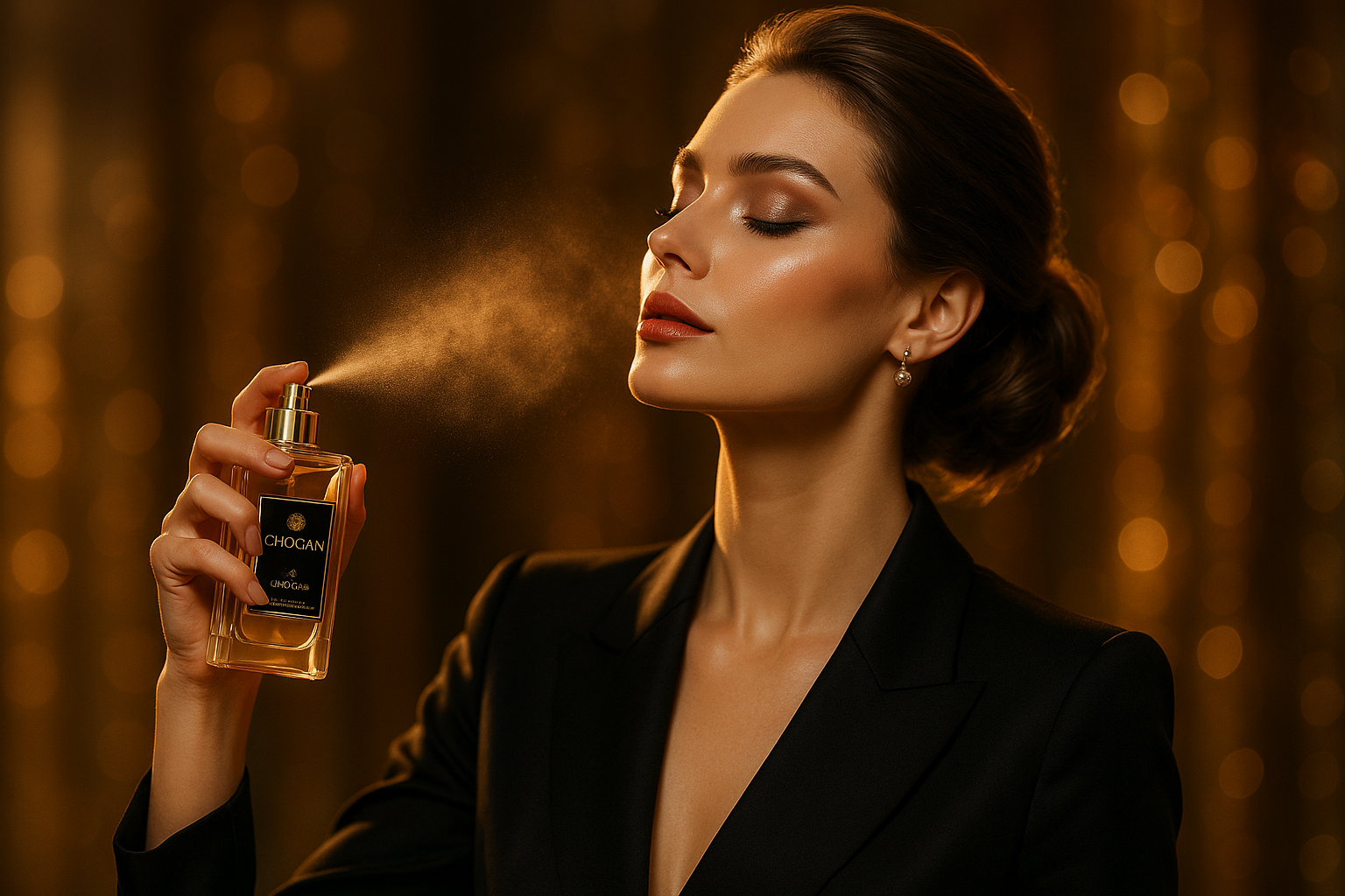 Model spraying a chogan perfume and make it eye catching